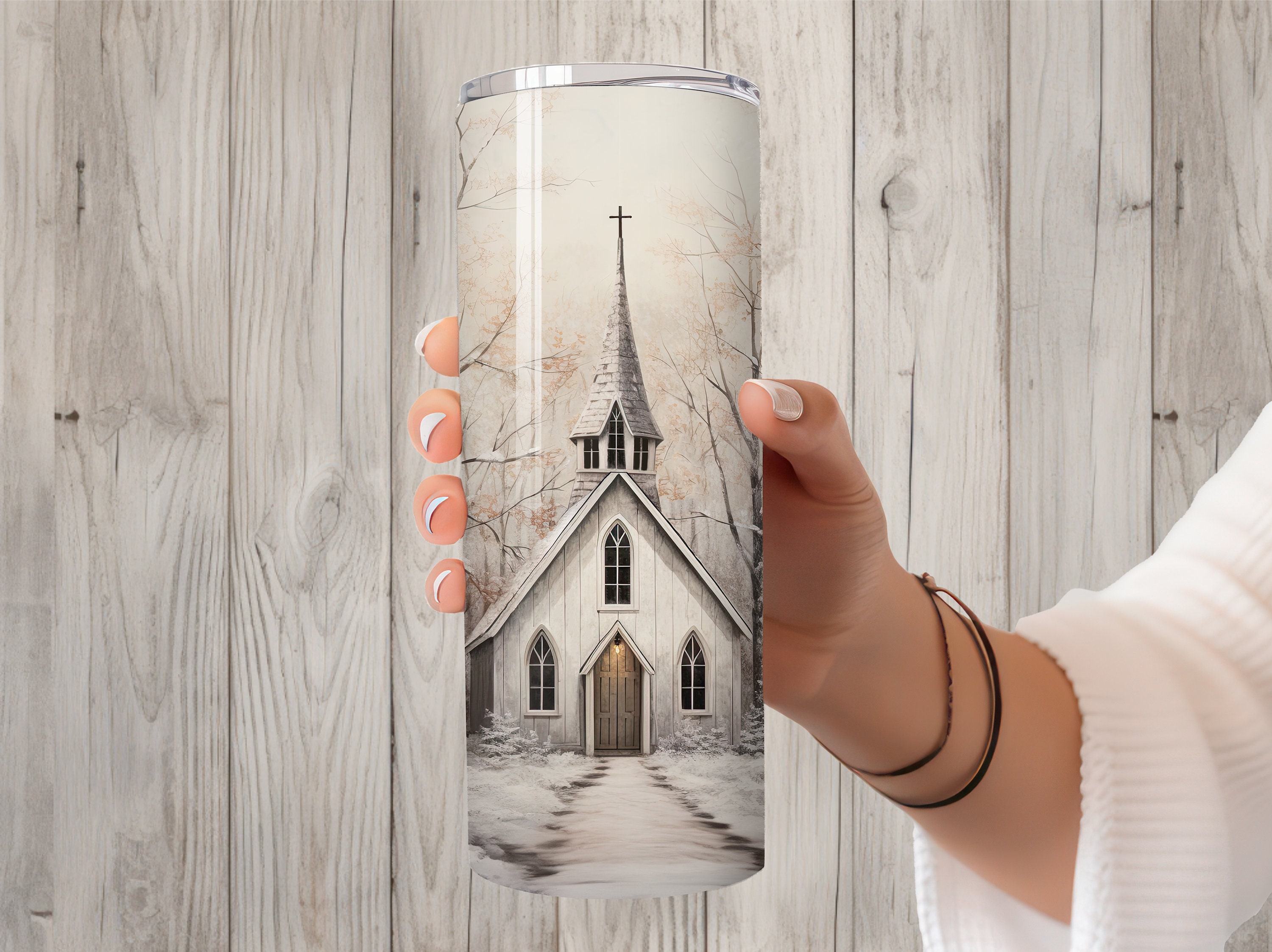 Rustic Church Merch Seamless Rustic Church & Winter Landscape Design, Winter 20oz Skinny ...