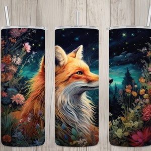 Seamless Fox & Starry Night Sky Floral Design, Fox 20 oz Skinny Straight Tumbler Sublimation Design, Tumbler Wrap, PNG Digital Download