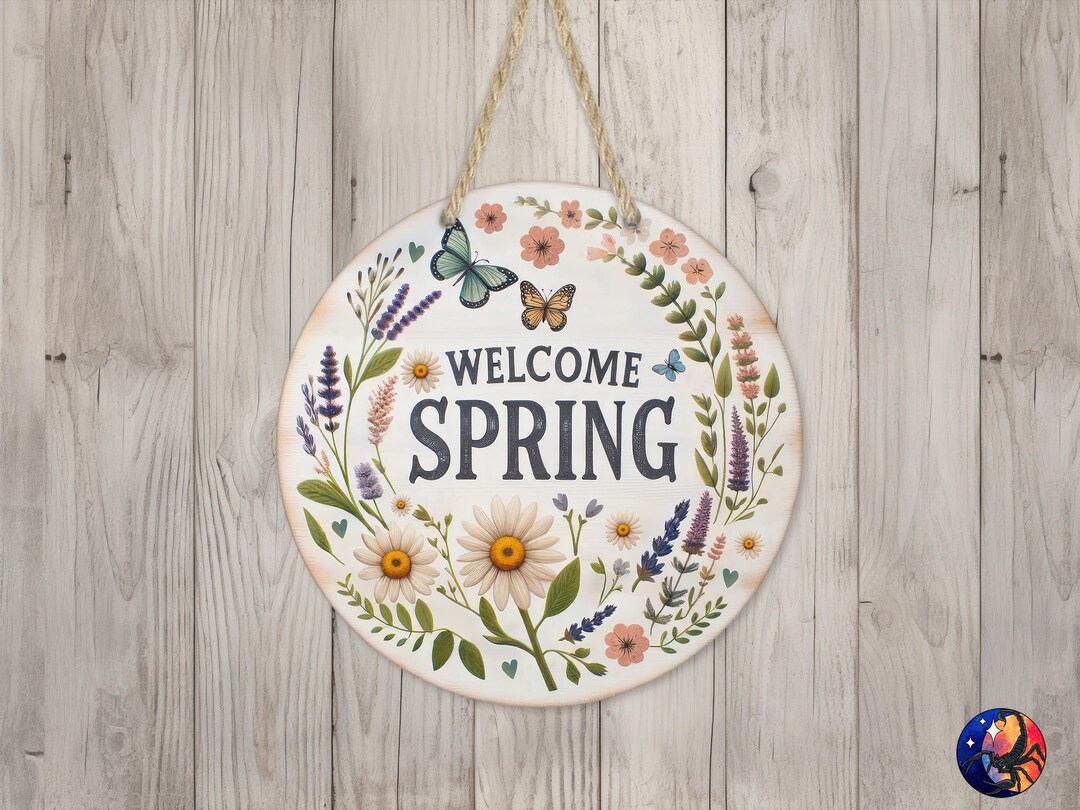 Welcome Spring Rustic Farmhouse Floral Sign Round Door Hanger Design ...