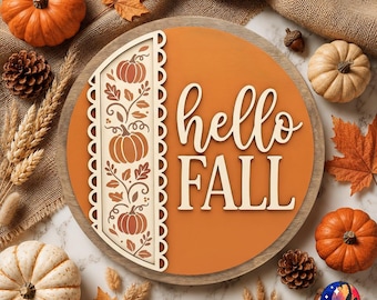 Hello Fall Pumpkin Folk Art Toile Door Hanger PNG, Autumn, Rustic Farmhouse, 12 inch Round Sign Sublimation Design, UV DTF, Digital Download