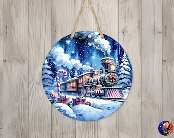 Peppermint Candy Cane Train Sign Round Door Hanger Design, Christmas 12 inch Sublimation Design, Sign Round, PNG File, Digital Download