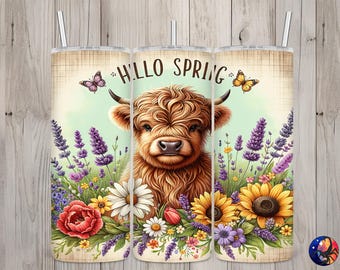 Seamless Hello Spring Cute Highland Cow Design, Spring 20 oz Skinny Straight Tumbler Sublimation Design, Tumbler Wrap, PNG Digital Download