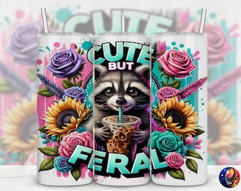 Cute But Feral Funny Sassy Raccoon Iced Coffee Floral Design, Seamless 20 oz Skinny Straight Tumbler Sublimation Wrap, PNG Digital Download