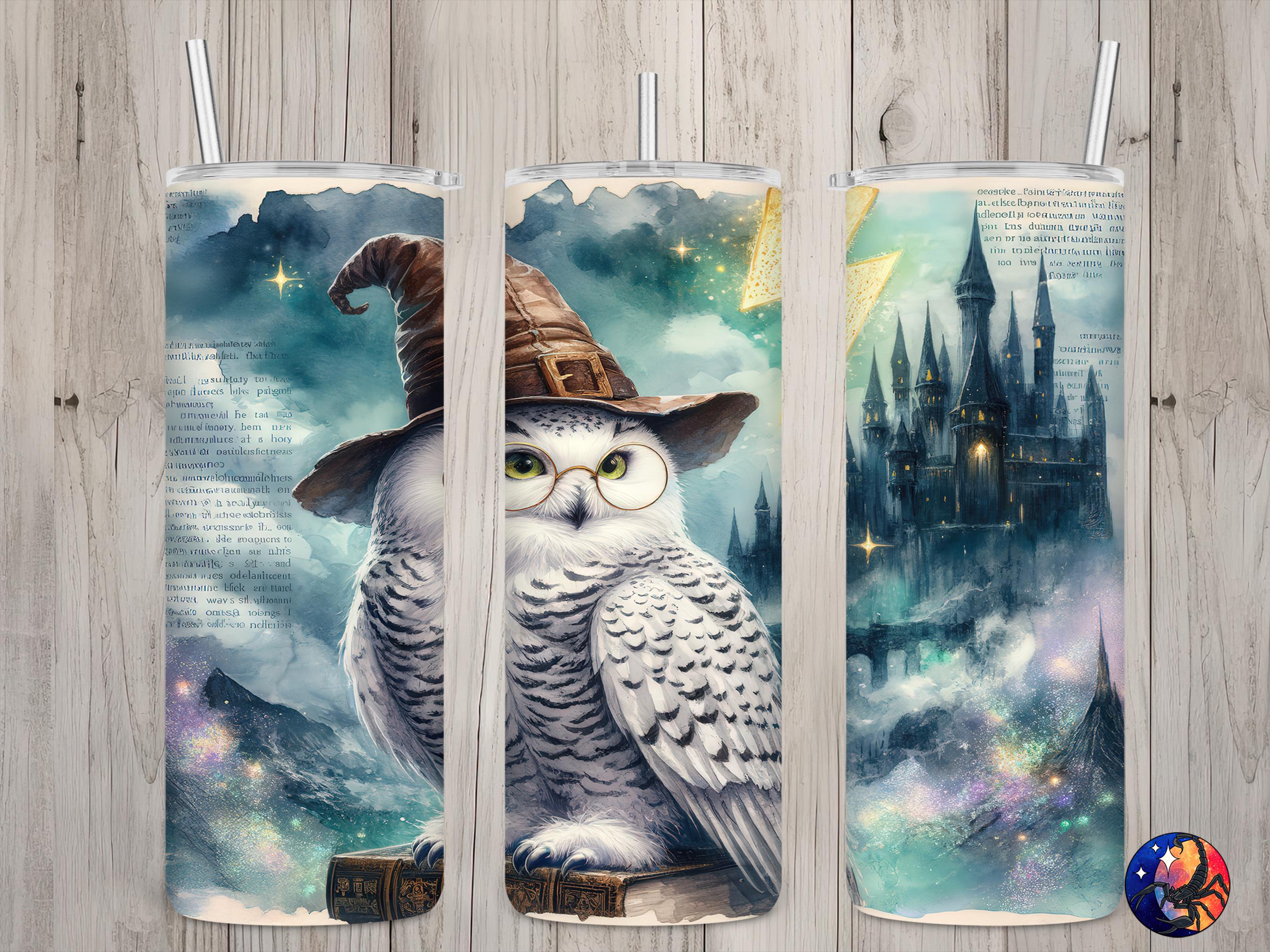 Seamless Fantasy Wizard Owl & Magic Academy Book Lover Design, Books 20 oz Skinny Straight Tumbl