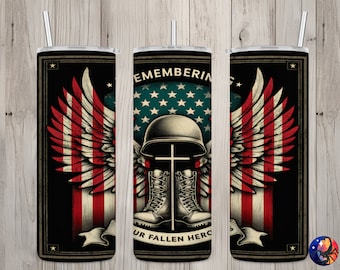 Seamless Remembering Our Fallen Heroes Design, USA 20 oz Skinny Straight Tumbler Sublimation Design, Tumbler Wrap, PNG Digital Download