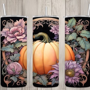 Seamless Pastel Pumpkin & Purple Floral Design, Fall 20 oz Skinny Straight Tumbler Sublimation Design, Tumbler Wrap, PNG Digital Download