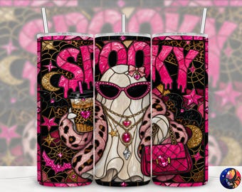 Spooky Pink Glam Boujee Ghost Halloween Stained Glass Tumbler Wrap, Seamless 20 oz Skinny Straight Sublimation Design PNG, Digital Download