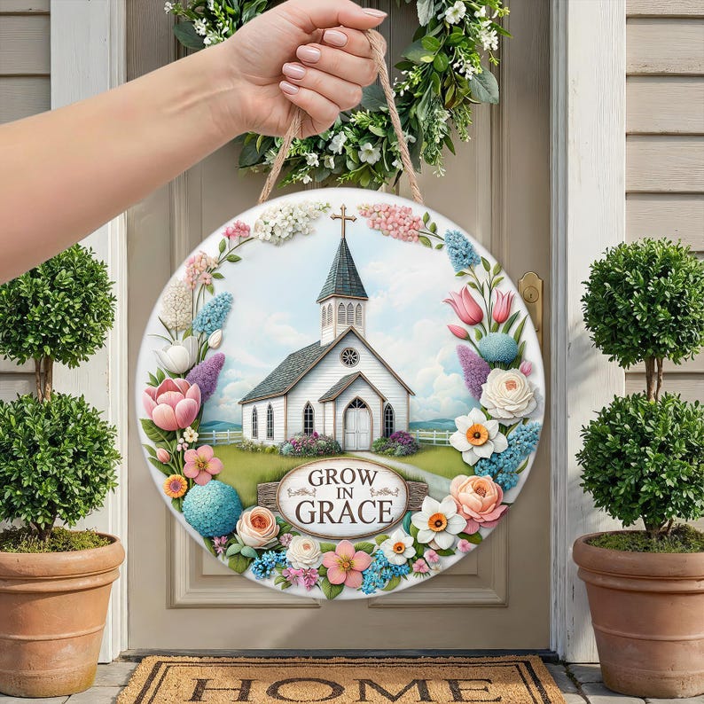 Grow in Grace Religious Christian Church Spring Floral Door Hanger ...