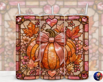 Preppy Pink Girly Coquette Pumpkin Fall Stained Glass Tumbler Wrap, Seamless 20 oz Skinny Straight Sublimation Design, PNG Digital Download