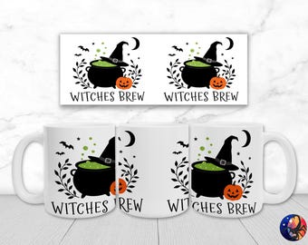 Witches Brew Bubbling Cauldron Halloween Mug Wrap PNG, Spooky Season, 11oz 15oz Coffee Cup Sublimation Design, UV DTF, Digital Download