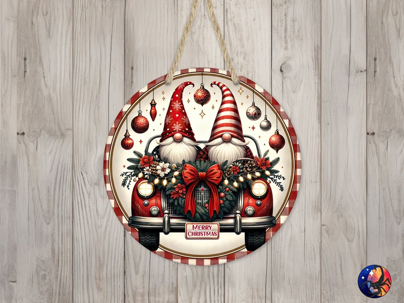 May include: Round Christmas sign featuring two gnomes in a red car decorated with a wreath, lights, and ornaments. The gnomes wear red and white hats. The sign has a red and white checkered border and the text "MERRY CHRISTMAS".