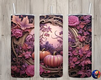 Seamless Pink & Orange Pumpkin Floral Design, Fall 20 oz Skinny Straight Tumbler Sublimation Design, Tumbler Wrap, PNG Digital Download