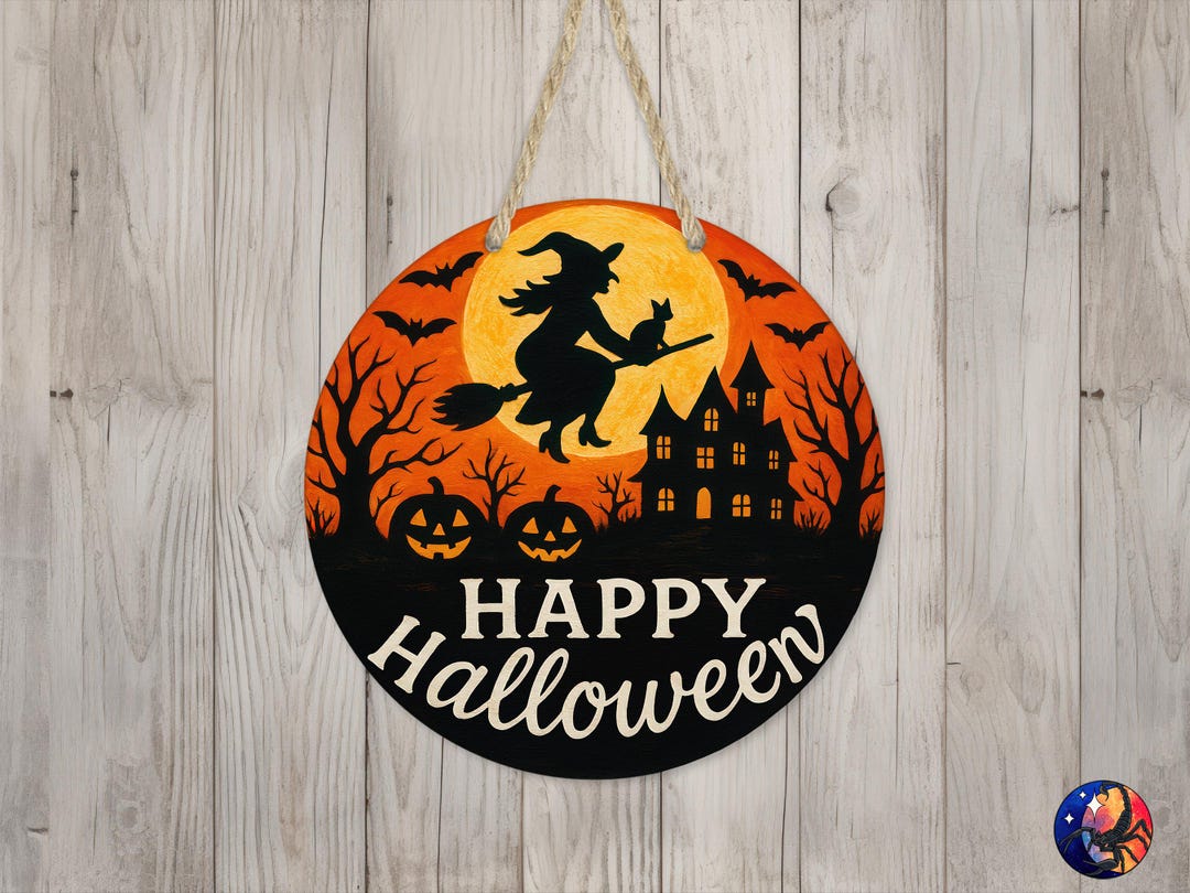 Happy Halloween Flying Witch & Haunted House Sign Round Door Hanger ...