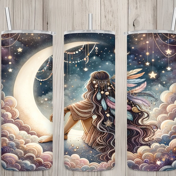 Seamless Boho Hippie Moon Child Celestial Design, Boho 20 oz Skinny Straight Tumbler Sublimation Design, Tumbler Wrap, PNG Digital Download