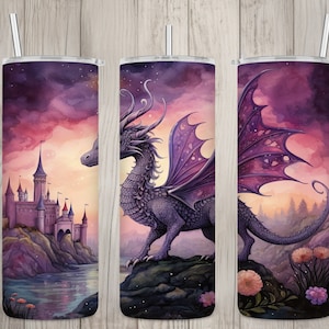 Nahtloses niedliches märchenhaftes lila Drachendesign, Drache 20 Unze Skinny Straight Tumbler Sublimationsdesign, Tumbler Wrap, PNG digitaler Download
