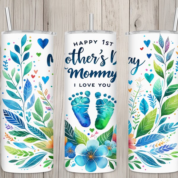 Seamless Happy 1st Mother's Day Mommy Boy Design, Mom 20 oz Skinny Straight Tumbler Sublimation Design, Tumbler Wrap, PNG Digital Download