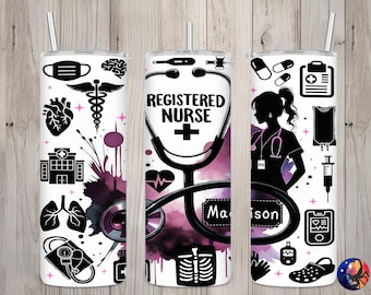 Seamless Personalized Female Registered Nurse Stethoscope Design, Custom 20oz Skinny Straight Tumbler Sublimation Wrap, PNG Digital Download