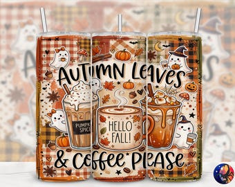 Autumn Leaves & Coffee Please Fall Ghost Tumbler Wrap, Pumpkin Spice Latte Drink, Seamless 20 oz Sublimation Design, PNG Digital Download