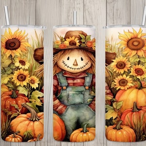 Seamless Cute Scarecrow & Sunflowers Design, Fall 20 oz Skinny Straight Tumbler Sublimation Design, Tumbler Wrap, PNG File, Digital Download