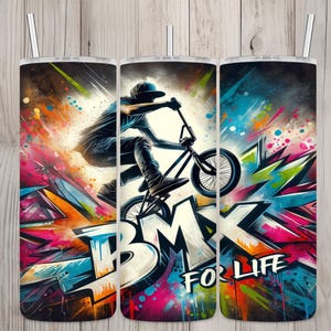 Seamless Graffiti BMX For Life Design, BMX Motocross 20 oz Skinny Straight Tumbler Sublimation Design, Tumbler Wrap, PNG Digital Download image 1