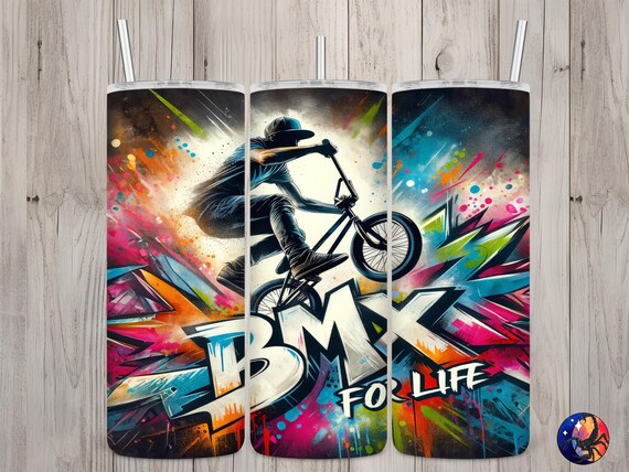 Seamless Graffiti BMX For Life Design, BMX Motocross 20 oz Skinny Straight Tumbler Sublimation Design, Tumbler Wrap, PNG Digital Download