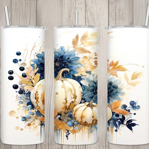 Seamless White & Gold Pumpkins Floral Design, Fall 20 oz Skinny Straight Tumbler Sublimation Design, Tumbler Wrap, PNG Digital Download