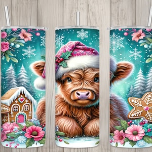 Seamless Highland Cow & Gingerbread Design, Christmas 20 oz Skinny Straight Tumbler Sublimation Design, Tumbler Wrap, PNG Digital Download