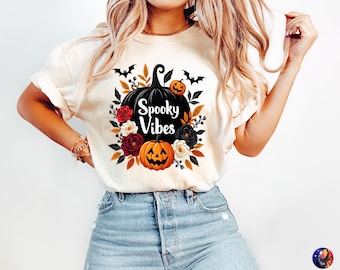 Spooky Vibes Black Pumpkin & Jack O Lantern PNG, Halloween, Bats, T-Shirt, Clipart, Trendy Sublimation Design, PNG Digital Download, DTF