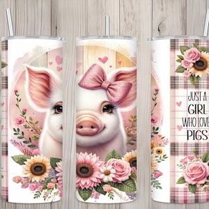 Seamless Rustic Boho Just A Girl Who Loves Pigs Coquette Bow Design, Pig 20oz Skinny Straight Tumbler Sublimation Wrap, PNG Digital Download