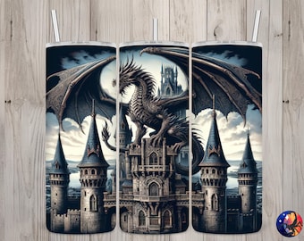 Nahtloses Design mit schwarzem Drachen und mittelalterlicher Burg, Dragon 20 oz Skinny Straight Tumbler Sublimationsdesign, Tumbler Wrap, PNG digitaler Download