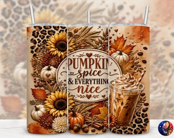 3D Pumpkin Spice & Everything Nice Fall Coffee Tumbler Wrap, Autumn, Seamless 20 oz Skinny Straight Sublimation Design, PNG Digital Download