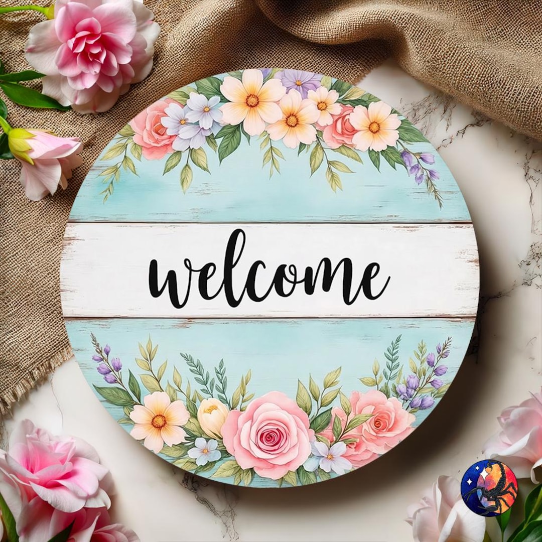 Welcome Rustic Farmhouse Spring Floral Door Hanger Design, 12 Inch ...