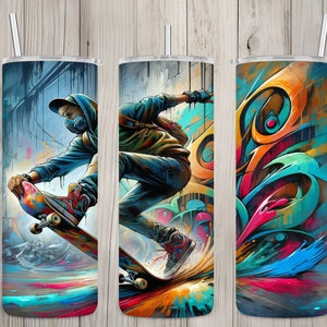 Seamless Graffiti Skateboarder Design, Skateboard 20 oz Skinny Straight Tumbler Sublimation Design, Tumbler Wrap, PNG Digital Download