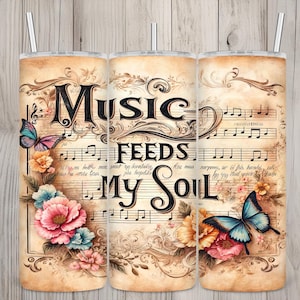 Seamless Vintage Music Feeds My Soul Design, Sheet Music 20oz Skinny Straight Tumbler Sublimation Design, Tumbler Wrap, PNG Digital Download