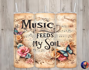 Sömlös vintagemusik som ger min själ design, notblad 20oz smal rak tumbler sublimeringsdesign, tumblerwrap, PNG digital nedladdning