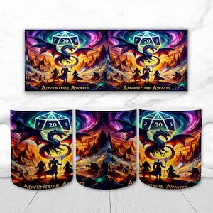 Adventure Awaits Fantasy Rpg Game Master Mug Wrap PNG, Dragon, Wizard, 11oz 15oz Coffee Cup Sublimation Design, UV DTF, Digital Download