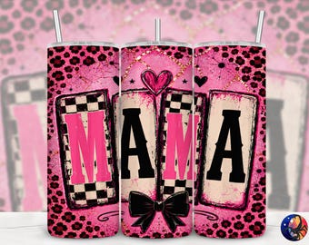Retro Checkered Mama Coquette Pink Leopard Print Tumbler Wrap, Mom, Seamless 20 oz Skinny Straight Sublimation Design, PNG Digital Download