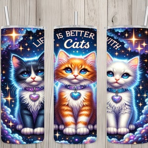 Seamless Life is Better with Cats Celestial Design, Cats 20oz Skinny Straight Tumbler Sublimation Design, Tumbler Wrap, PNG Digital Download
