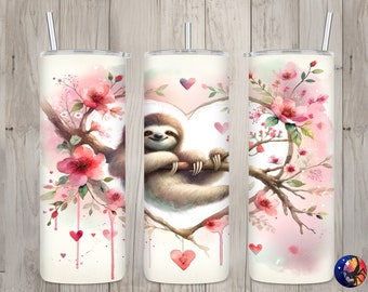 Seamless Cute Valentine's Day Sloth Design, Valentine's 20 oz Skinny Straight Tumbler Sublimation Design, Tumbler Wrap, PNG Digital Download