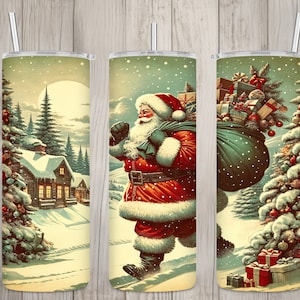Nahtloses Vintage Santa & Geschenke Design, Weihnachten 20 Unze Skinny Straight Tumbler Sublimationsdesign, Tumbler Wrap, PNG Digital Download