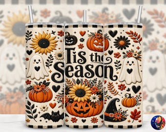 3D Tis The Season Retro Halloween Tumbler Wrap, Boho Ghost Pumpkins, Seamless 20 oz Skinny Straight Sublimation Design, PNG Digital Download