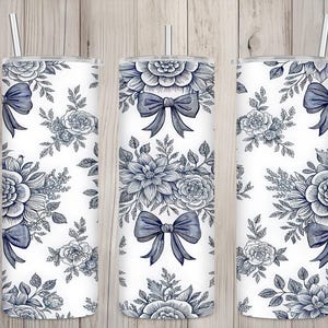 Seamless Blue Floral Chinoiserie Coquette Bow Design, Toile 20 oz Skinny Straight Tumbler Sublimation, Tumbler Wrap, PNG Digital Download
