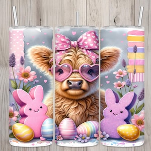 Naadloos Pasen Highland Cow & Marshmallow Bunny-ontwerp, Pasen 20oz magere rechte beker sublimatie, beker wrap, png digitale download