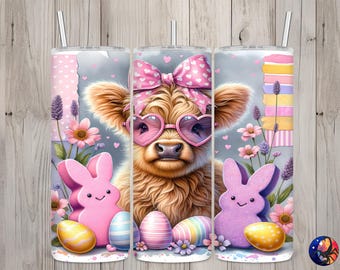 Seamless Easter Highland Cow & Marshmallow Bunny Design, Easter 20oz Skinny Straight Tumbler Sublimation, Tumbler Wrap, PNG Digital Download