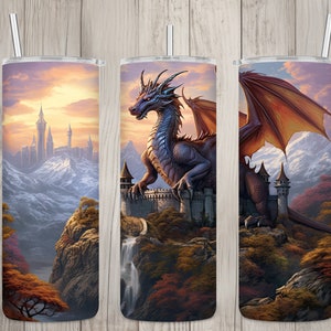 Seamless Mythical Dragon & Castle Design, Dragon 20 oz Skinny Straight Tumbler Sublimation Design, Tumbler Wrap, PNG File, Digital Download