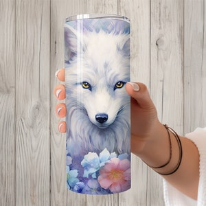 Seamless White Arctic Fox & Floral Design, Fox 20 oz Skinny Straight Tumbler Sublimation Design, Tumbler Wrap, PNG File, Digital Download image 2