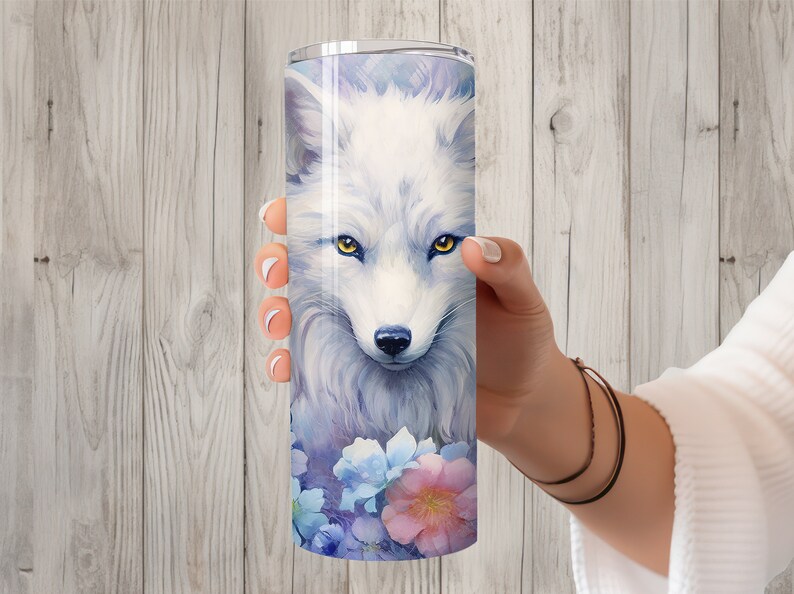 Seamless White Arctic Fox & Floral Design, Fox 20 oz Skinny Straight Tumbler Sublimation Design, Tumbler Wrap, PNG File, Digital Download image 2