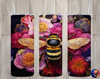 Seamless 3D Bumble Bee & Pink Floral Design, Bee 20 oz Skinny Straight Tumbler Sublimation Design, Tumbler Wrap, PNG File, Digital Download