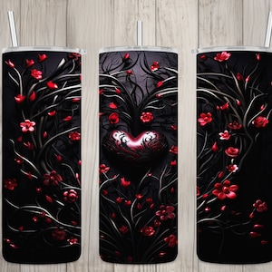 Seamless 3D Goth Heart & Floral Vine Design, Valentine&#39;s 20oz Skinny Straight Tumbler Sublimation Design, Tumbler Wrap, PNG Digital Download