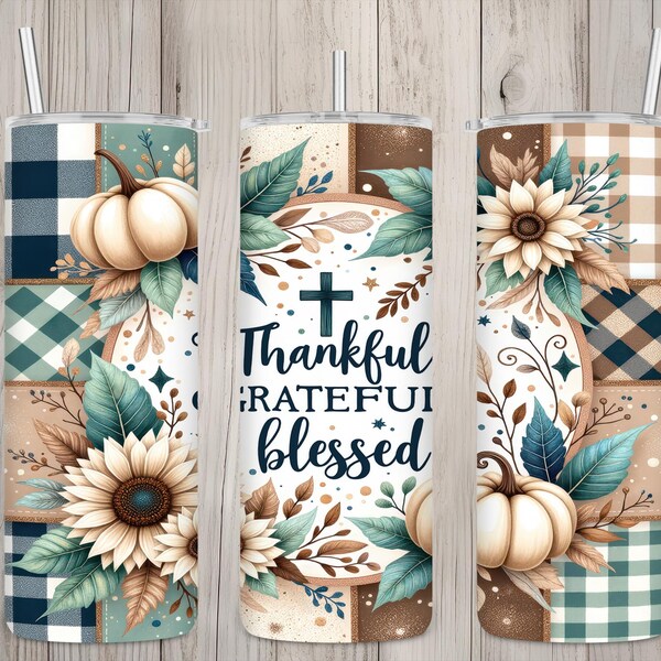 Seamless Thankful Grateful Blessed Cross Pumpkin Patchwork Design, Fall 20 oz Skinny Straight Tumbler Sublimation Wrap, PNG Digital Download